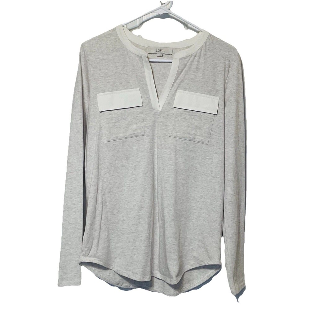 LOFT Women’s Medium Split Neck Long Sleeve Top Beige Heather Pullover Blouse